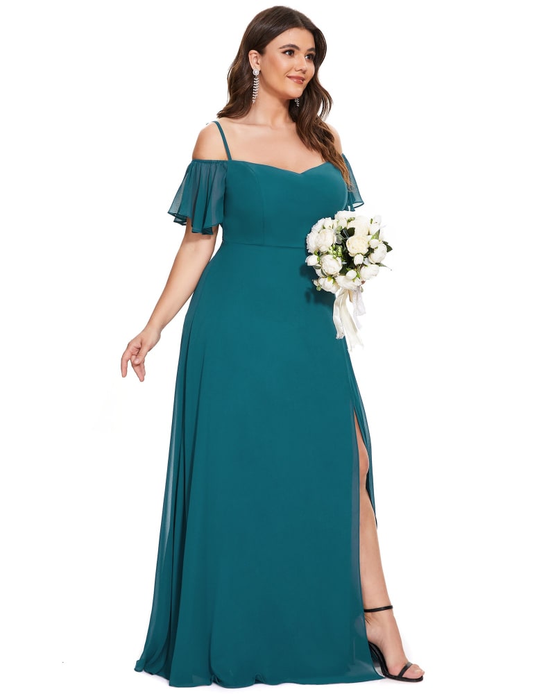 Front of a model wearing a size 26 Stylish Cold Shoulder Flare Sleeves Flowy Bridesmaid Dress in Teal by Ever-Pretty. | dia_product_style_image_id:340203